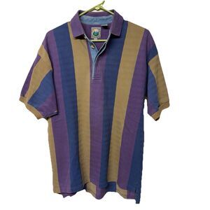 Vtg Forest Club Short Sleeves Rugby Polo Shirt Color Block Pattern Stripe Men M*